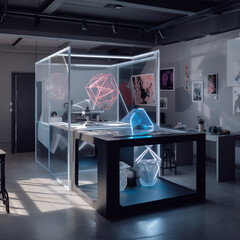 A futuristic art studio with 3D printers and holographic displays