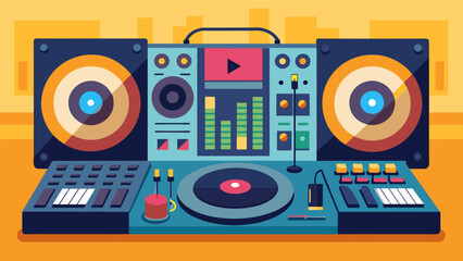 Fototapeta premium The DJ booth is equipped with a combination of modern and vintage audio equipment allowing for a seamless mix of old and new sounds. Vector illustration