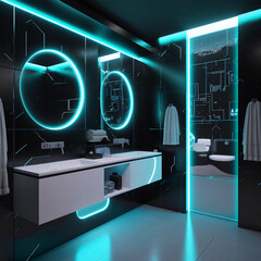 A futuristic bathroom with a smart mirror and bioluminescent accents