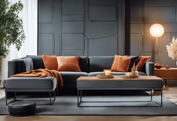interior terra cotta living background rug Rectangular table Black pillows design sofa wall footstool room coffee Grey Modern wooden