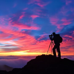 A photographer stands on a mountaintop, capturing the beauty of a vibrant sunset
