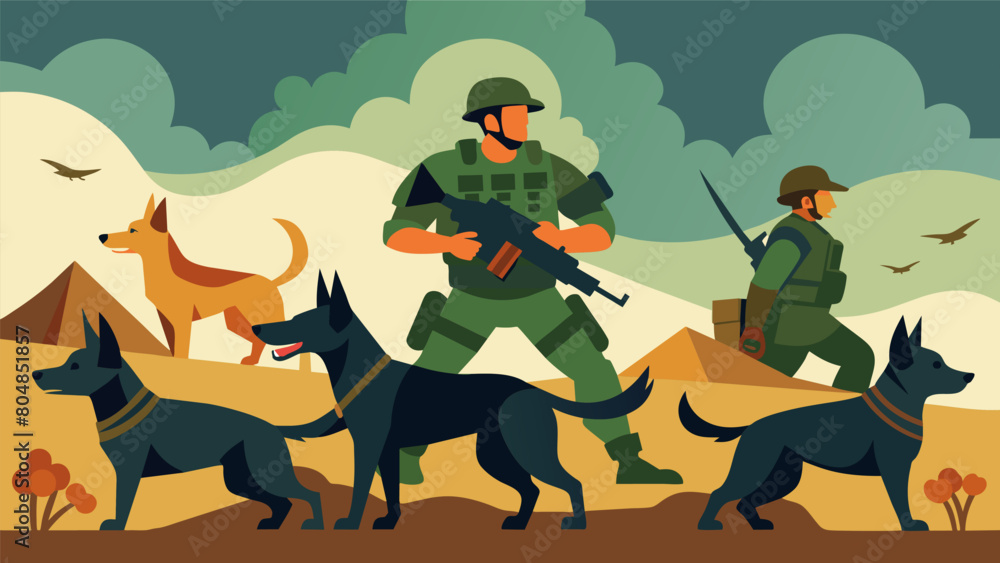 Wall mural Heroes of War A montage of military war dogs in action working alongside soldiers and showcasing their crucial role in combat and protecting our. Vector illustration