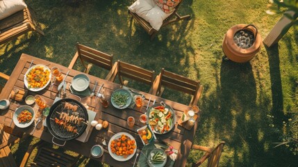An overhead view of a table set with delicious cuisine and a barbecue grill, surrounded by lush green grass in a picturesque landscape setting AIG50