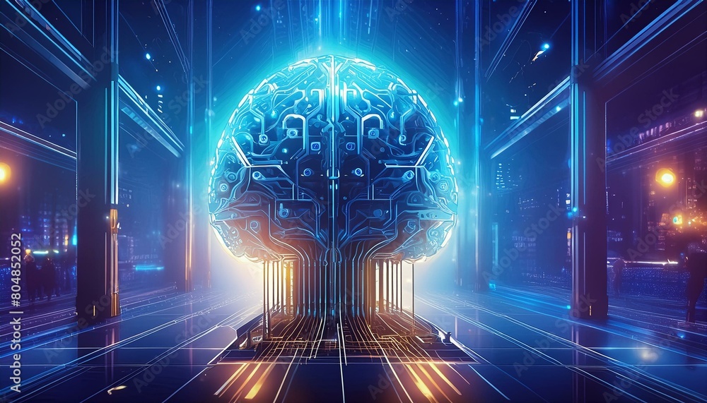 Poster a global cybernetic mind controls humanity. a supercomputer with artificial intelligence in the spot