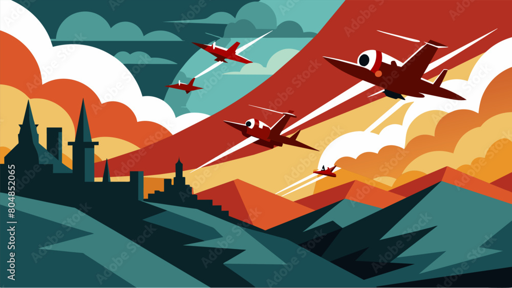 Poster against a backdrop of rolling hills a squadron of war planes roars past a symbol of strength and uni