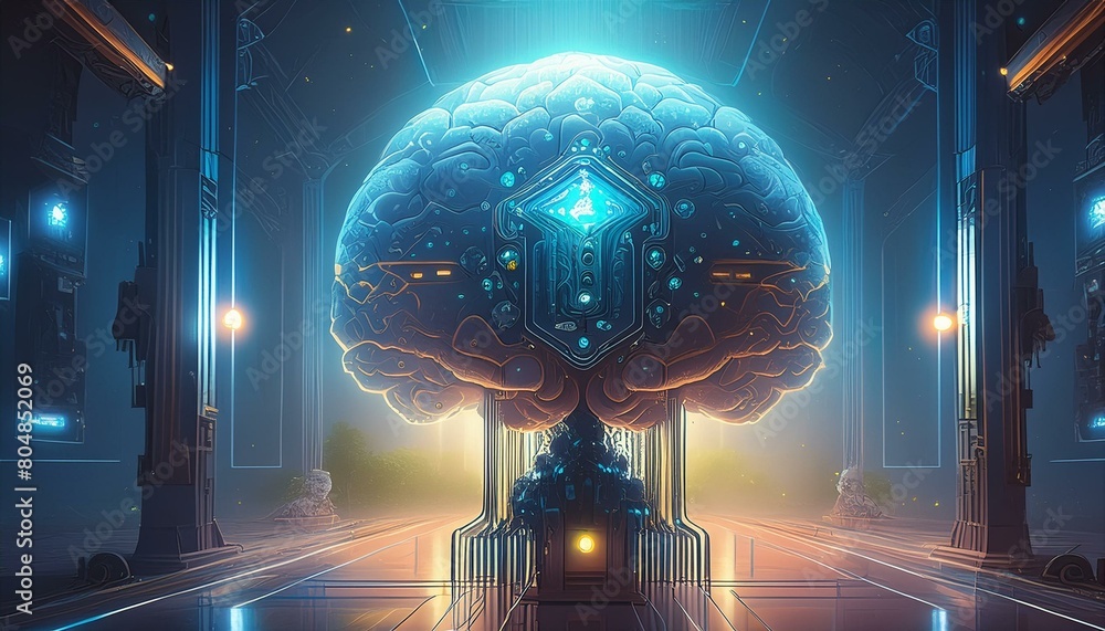 Poster a global cybernetic mind controls humanity. a supercomputer with artificial intelligence in the spot