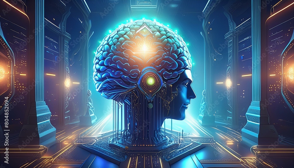 Poster a global cybernetic mind controls humanity. a supercomputer with artificial intelligence in the spot
