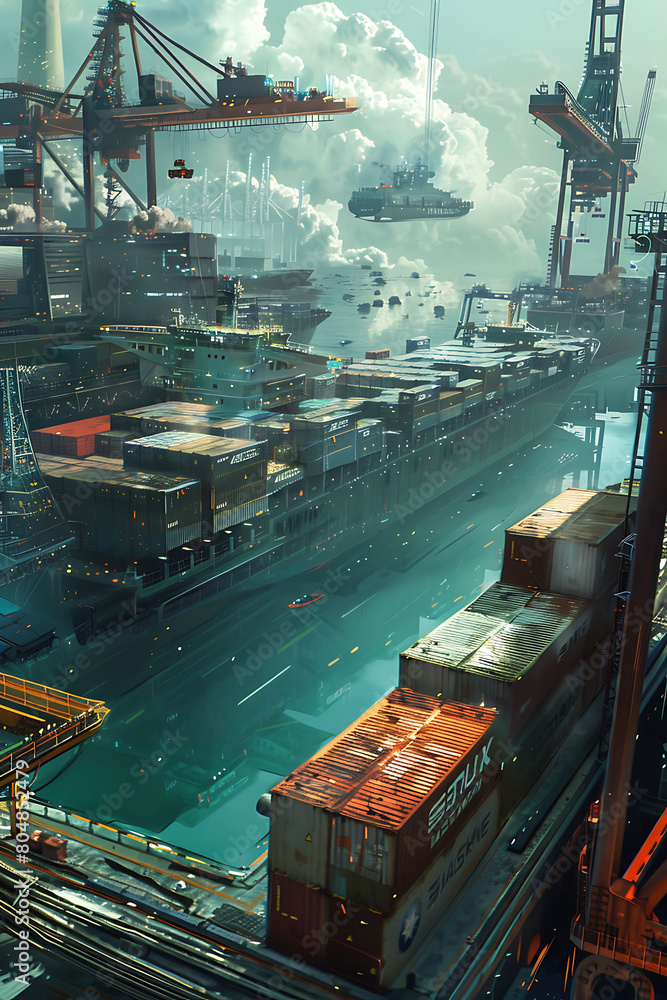 Poster container ship loading goods for export at a futuristic port