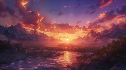 Celestial Tapestry: A breathtaking sunset adorned with a sky filled with billowing clouds and sparkling stars.