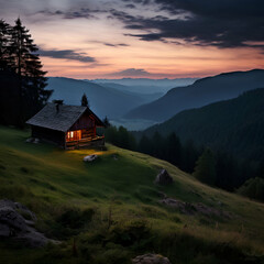 wilderness with a lone wooden cottage at dusk on a slope  rooftop, calm, cloudscape, colours, dawn, fairy,generate ai