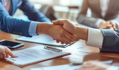 Close-up of hands exchanging contracts, marking a significant agreement