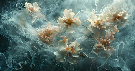 An atmospheric still life where delicate flower petals transition into ethereal smoke-like tendrils, bridging the natural and digital realms
