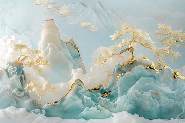 Golden Jade Carving in Chinese Landscape Painting: Wide-Angle Lens, White & Blue Mountains, Golden Trees, Minimalist