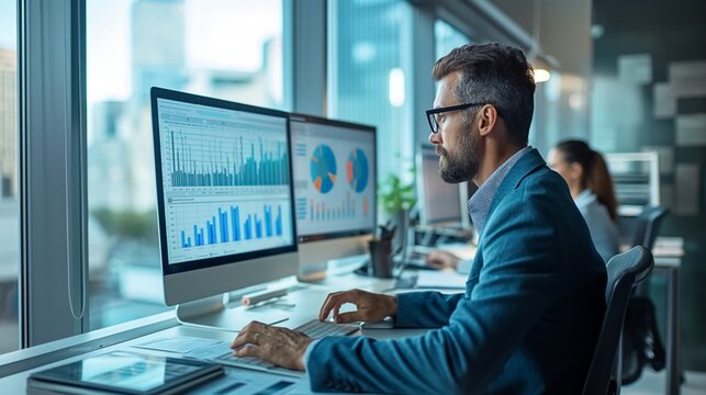 Analyst Reviewing Financial Data on Screens