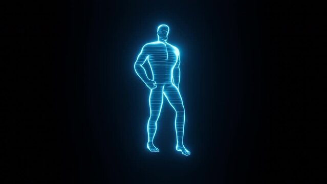 Wolking single holographic people. Blue digital figure walks on a black background for sci-fi projects, banners, posters. Future tech. 4k loopable footage. Three-dimensional modern design stock video.