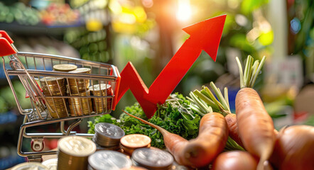 A red arrow pointing upwards is drawn on a background with coins and vegetables, next to it is a shopping cart containing food, symbolizing growth in sales or assembling money for future needs.