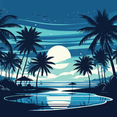 free vector Beach view with silhouettes of coconut trees and shades of blue