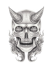 Demon skull tattoo design by hand drawing on paper.