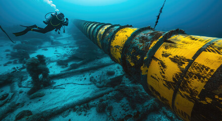 A diver inspecting an underwater cable pipe for data transfer. The telecommunication pipes lay on the sea floor with yellow tape and black rubber tubes floating above the water surface