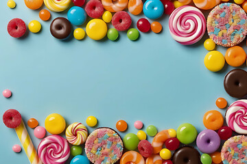 Candy and sweets in copy-space background concept, big blank space. Place to adding text blank copy space. Fruity Chew Sticks