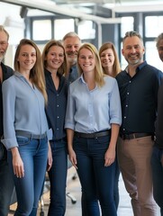 Fototapeta premium Happy business team standing together in the office, smiling at the camera. A strong, smart, confident group of professional businesspeople looking forward to success at a work meeting. generative AI