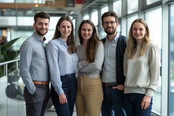 Obraz premium Happy business team standing together in the office, smiling at the camera. A strong, smart, confident group of professional businesspeople looking forward to success at a work meeting. generative AI