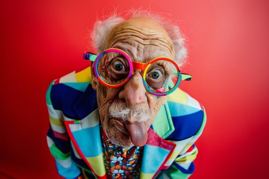 Elderly man with a funny expression sticking out his tongue