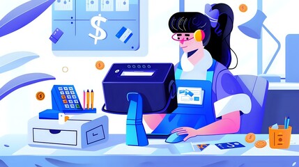 Obraz premium Bank Teller's Workspace: Visual Cues of Transactions and Account Management