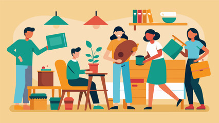 The workshop hosts a swap meet where participants can bring in old furniture and trade it for soing they can restore and make their own.. Vector illustration
