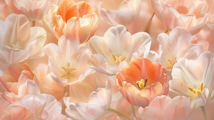 Obraz na płótnie Canvas Picture a harmonious array of tulip flowers, each petal delicately colored in peach and peach fuzz tones, forming a beautifully soft and cohesive floral background AI Generate