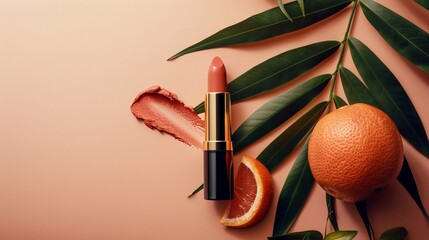 Picture an elegant and charming composition where peachcolored lipstick is the centerpiece, perfectly complemented by a subtle peach background, exuding warmth and style AI Generate