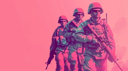 Silhouetted soldiers in combat gear on a vibrant pink background. Military and design art concept. Design for creative military-themed posters, awareness campaigns