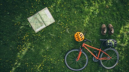 Obraz premium A bicycle, helmet, and map are scattered in the grass, surrounded by the peaceful sounds of nature. A wheel and tire peek out from beneath the foliage AIG50