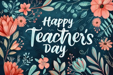 Happy Teacher's Day lettering with flowers and leaves.