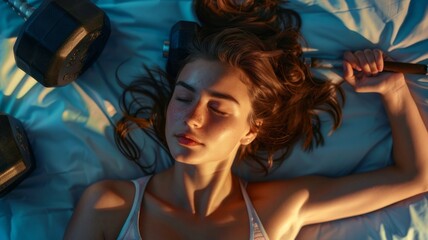 girl sleeping with a barbell