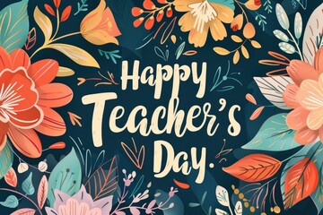 Happy Teacher's Day lettering with flowers and leaves.