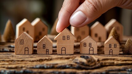 Hand Placing Wooden House in Miniature Town