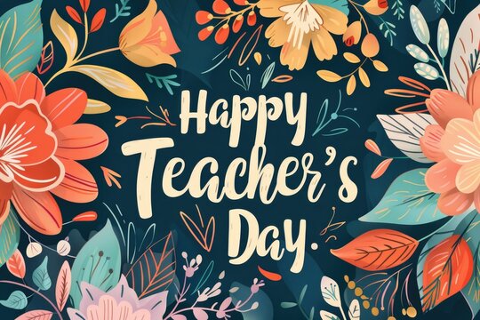 Happy Teacher's Day lettering with flowers and leaves.