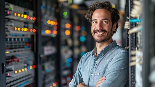 Smiling Technician in Server Room with Lights