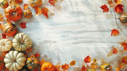 Autumn Pumpkins and Leaves on Rustic Wooden Background for Thanksgiving