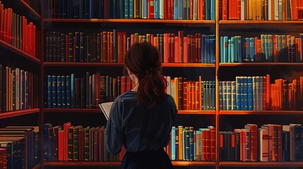 Beautiful Rear view of woman searching book in library