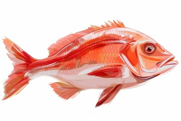 Fototapeta premium Colorful fish placed against a clean white background, juxtaposed with a tomato and an orange. Playful still life arrangement.
