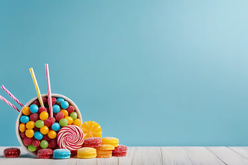 Candy and sweets in copy-space background concept, big blank space. Place to adding text blank copy space. Sweet Candy Cravings
