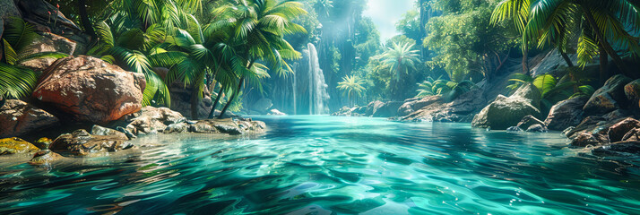 Tropical Waterfall in Lush Jungle, Refreshing Nature Scene, Ideal for Relaxation and Adventure