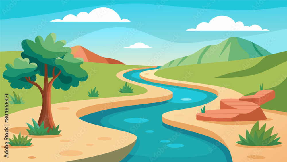 Poster a winding path leading to a secluded oasis featuring a natural spring and ample space for stretching