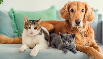Cute dog with cat on sofa in the house, summer vibes