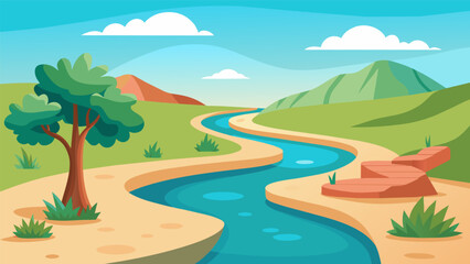 A winding path leading to a secluded oasis featuring a natural spring and ample space for stretching in the cool refreshing water.. Vector illustration