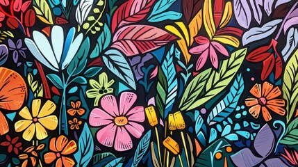 Fototapeta na wymiar Colorful abstract floral illustration. Vibrant hand-drawn flowers and leaves. Design for poster, banner, wallpaper, print