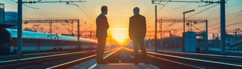 Two businessmen standing on a train platform at sunset.
