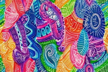 Fototapeta premium Colorful abstract pattern with paisley and geometric shapes. Vibrant and intricate design. Ethnic and artistic concept for textile and wallpaper